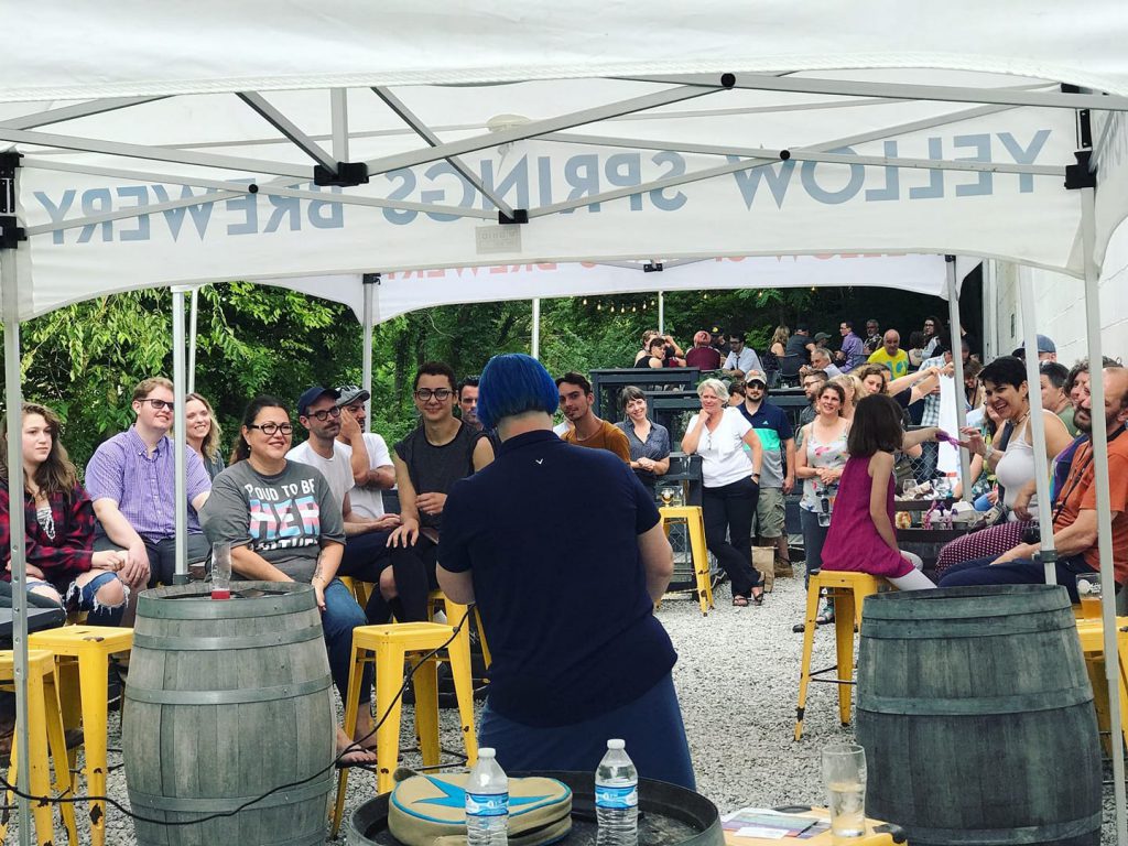 Ramona Peel speaking to crowd at Yellow Springs Brewery